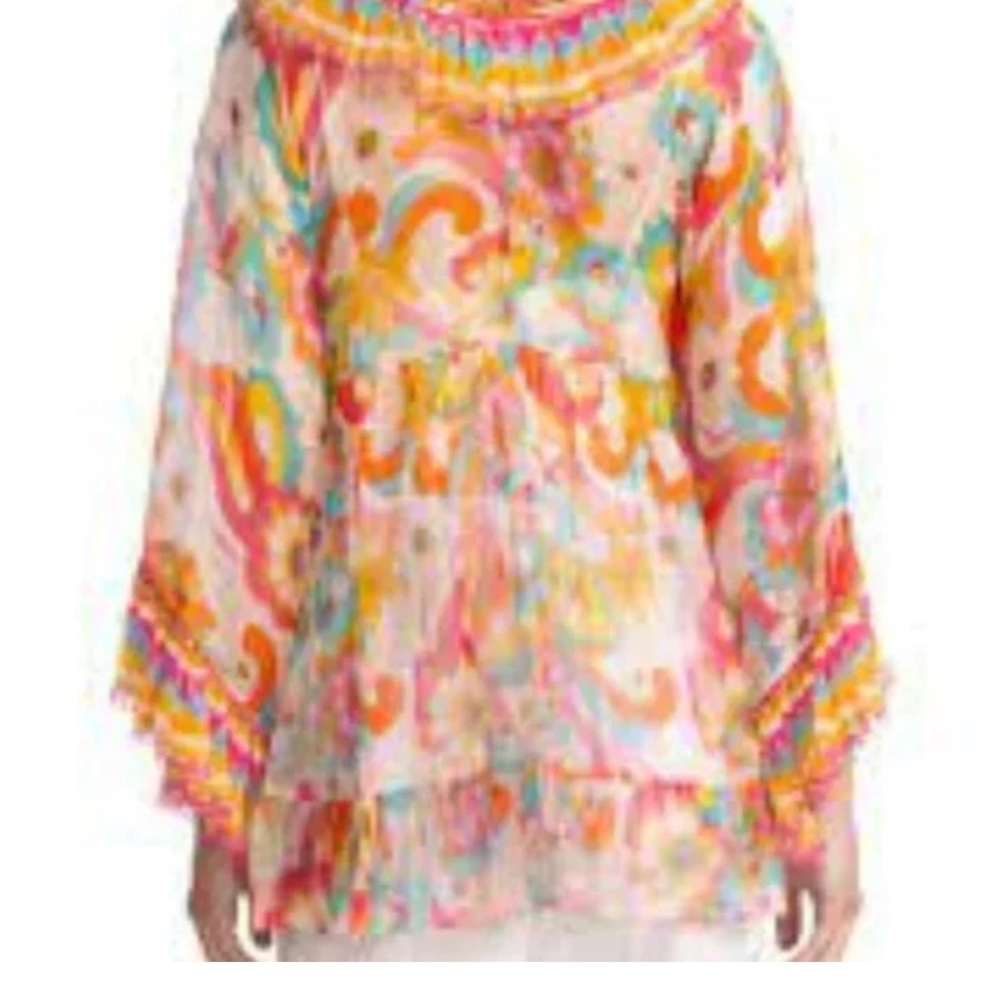 Johnny Was Floral Sheer Ruffle Blouse in Pink, Coral, Turquoise - Picture 15 of 16